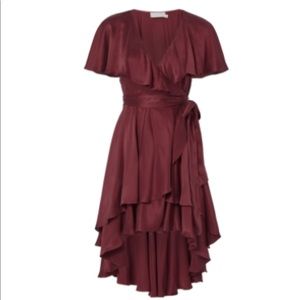Zimmermann flounce wrap dress in Bordeaux